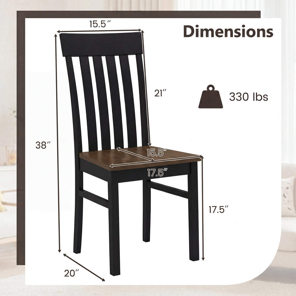 Set of 2 Kitchen Armless Dining Chairs with Slatted High Backrests-Black