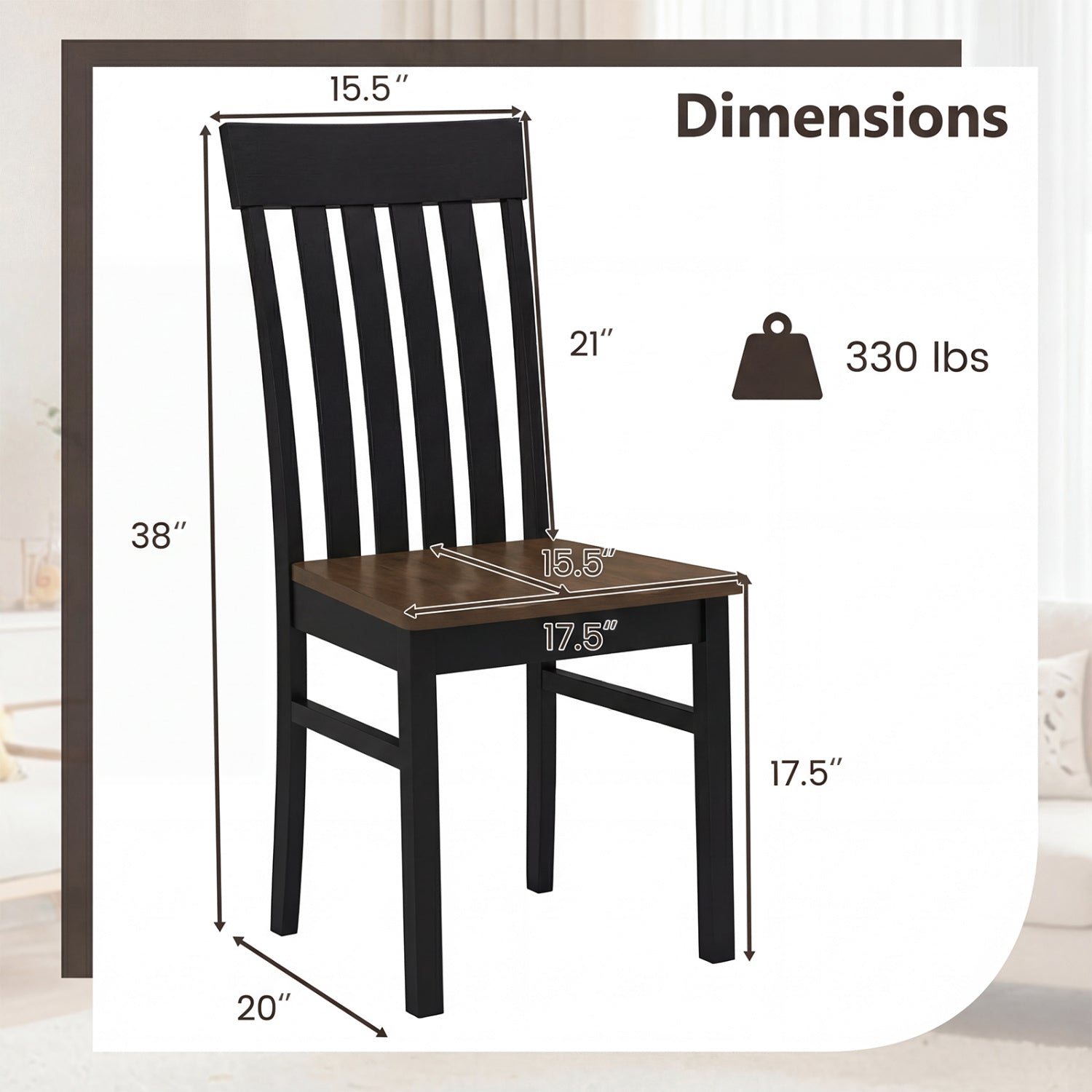 Set of 2 Kitchen Armless Dining Chairs with Slatted High Backrests-Black