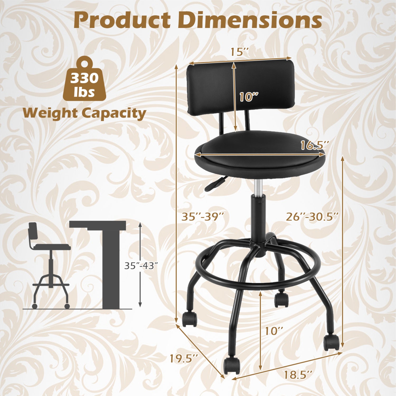 Set of 2 Modern Swivel Height Adjustable Bar Stool with Backrest-Black