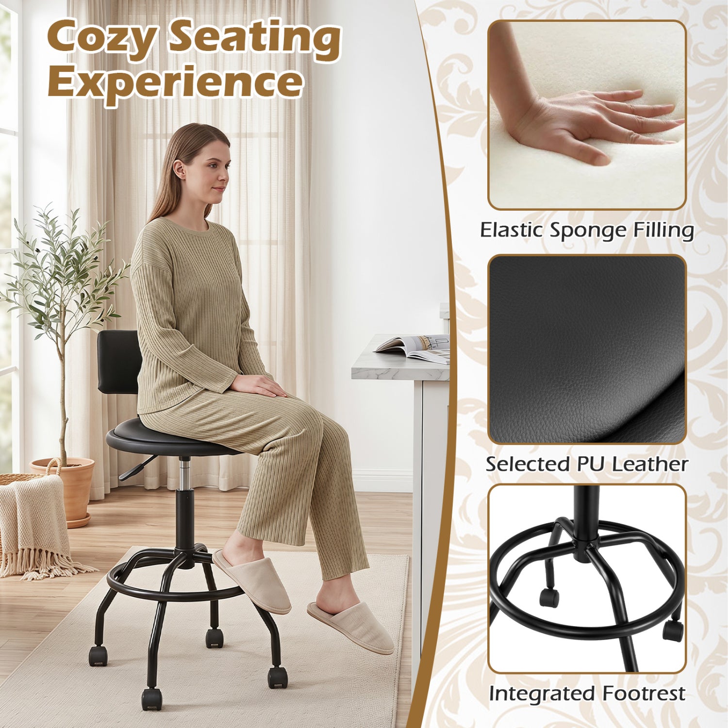 Set of 2 Modern Swivel Height Adjustable Bar Stool with Backrest-Black