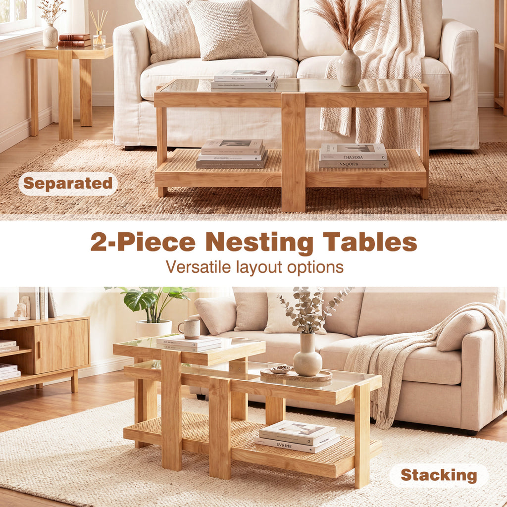 Set of 2 Nesting Coffee Table with Boho Rattan Accent Table-Natural