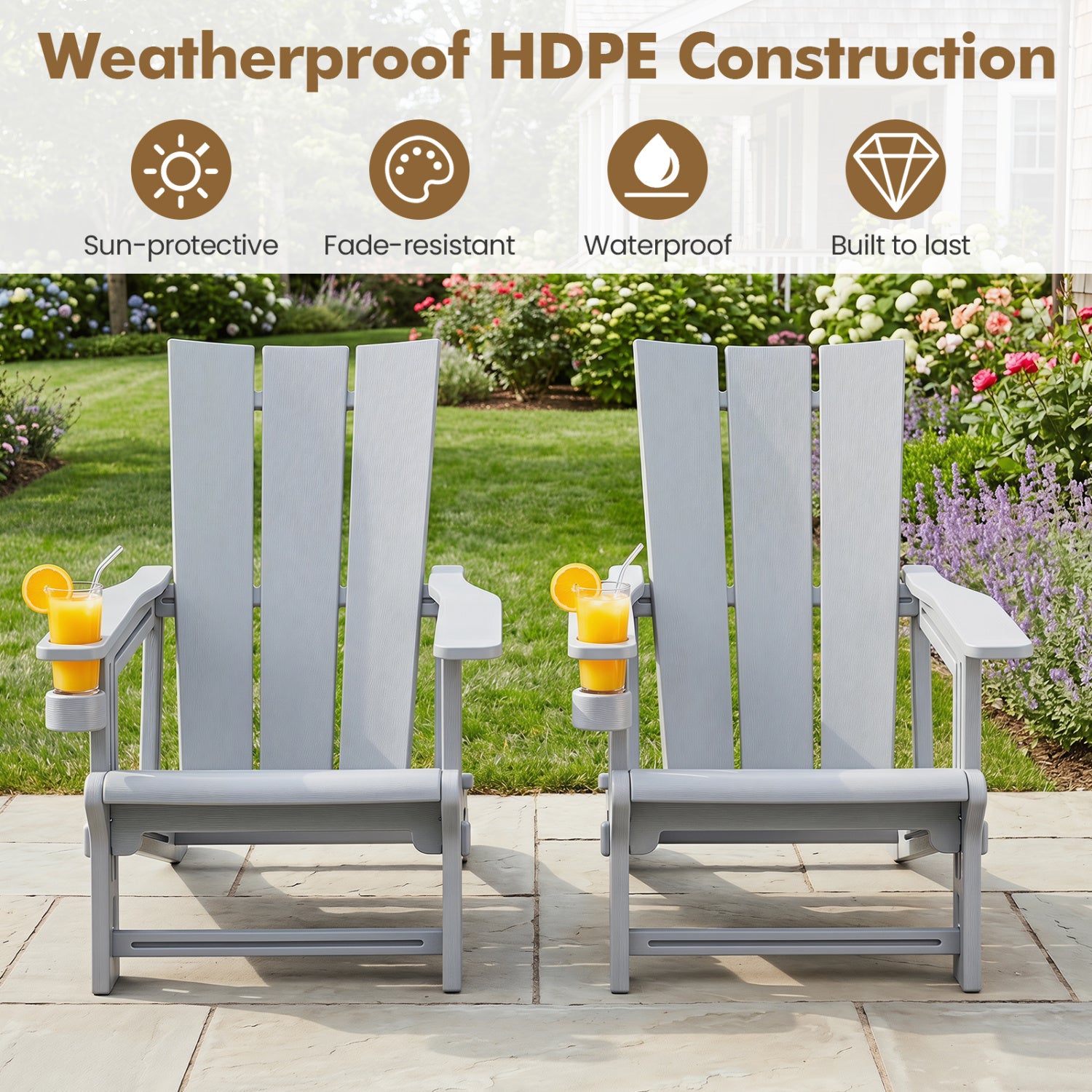 Set of 2ï»¿ Outdoor Adirondack Chairs with Cup Holder-Gray