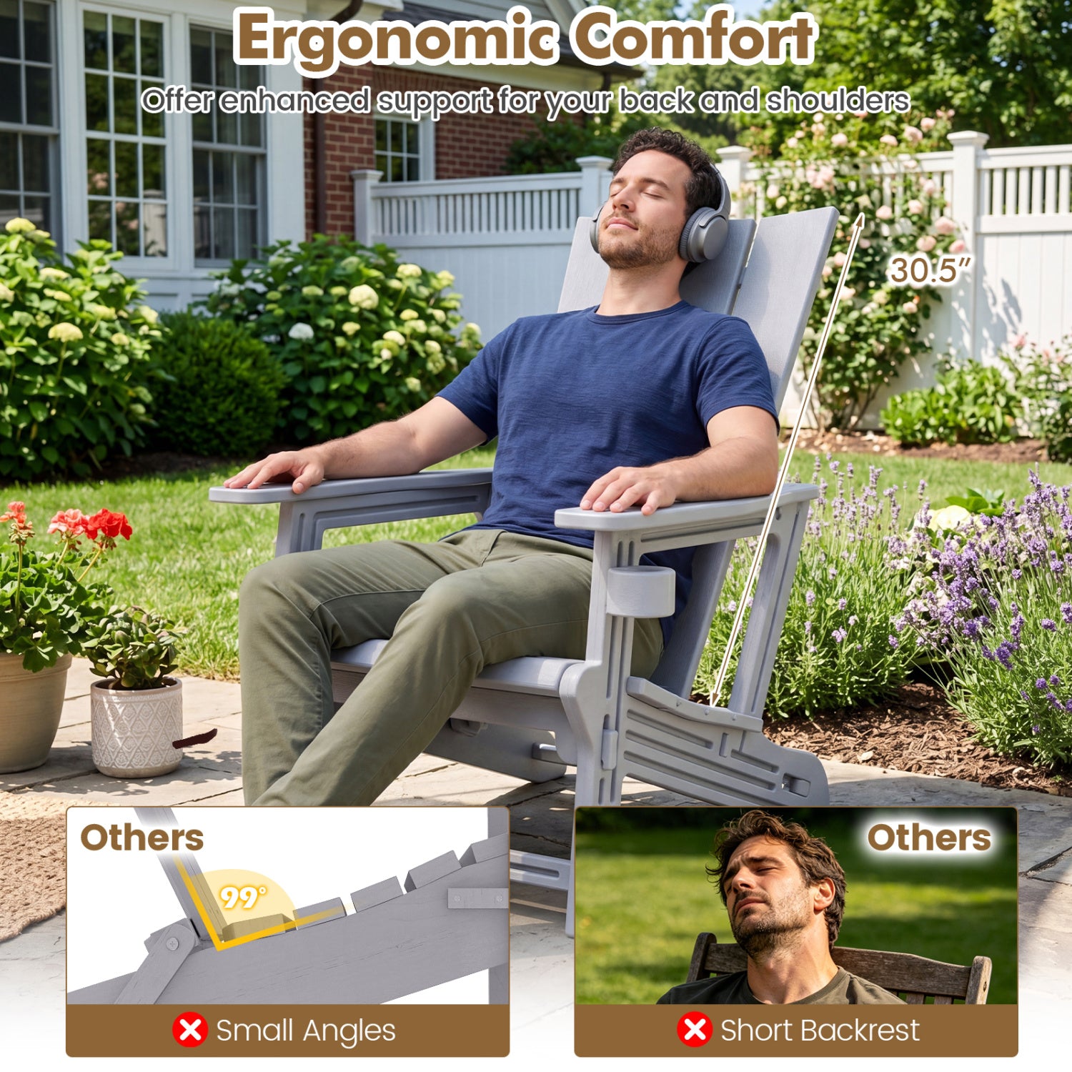 Set of 2ï»¿ Outdoor Adirondack Chairs with Cup Holder-Gray