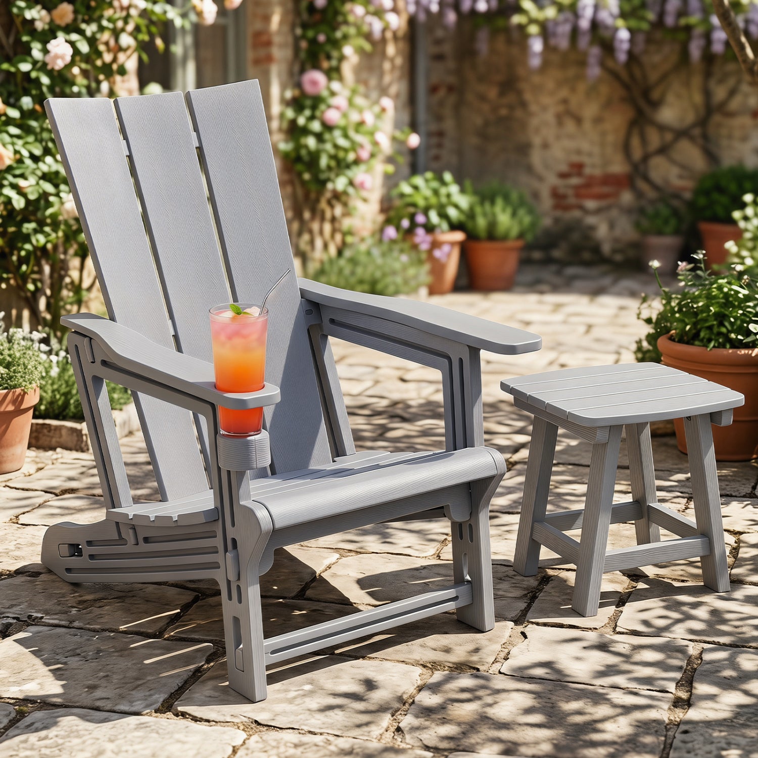 Set of 2ï»¿ Outdoor Adirondack Chairs with Cup Holder-Gray