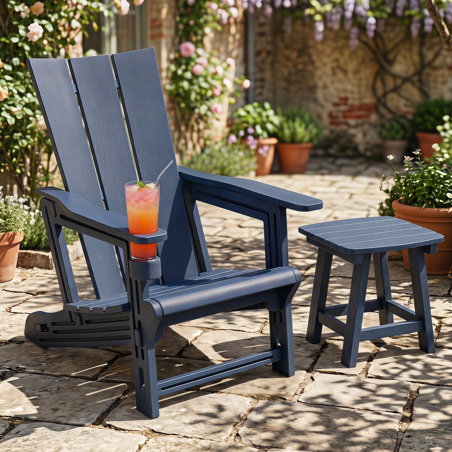 Set of 2ï»¿ Outdoor Adirondack Chairs with Cup Holder-Blue