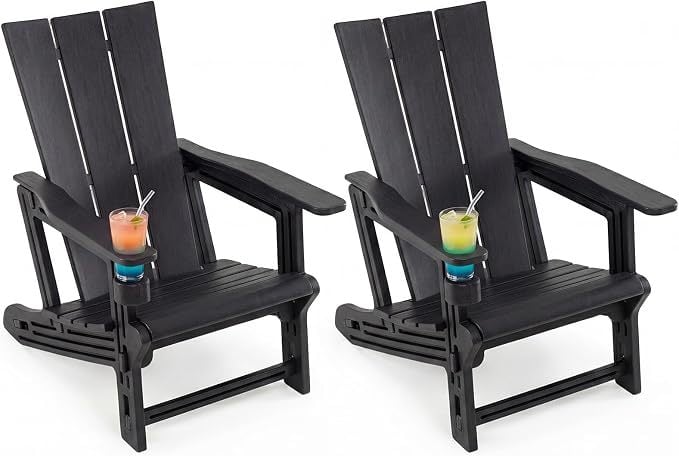 Set of 2ï»¿ Outdoor Adirondack Chairs with Cup Holder-Black