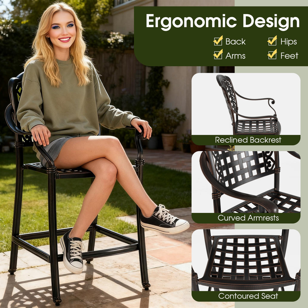 Set of 2 Outdoor Bar Stool 25.5 Inch Counter Height Cast Aluminum Bar Chairs-Copper