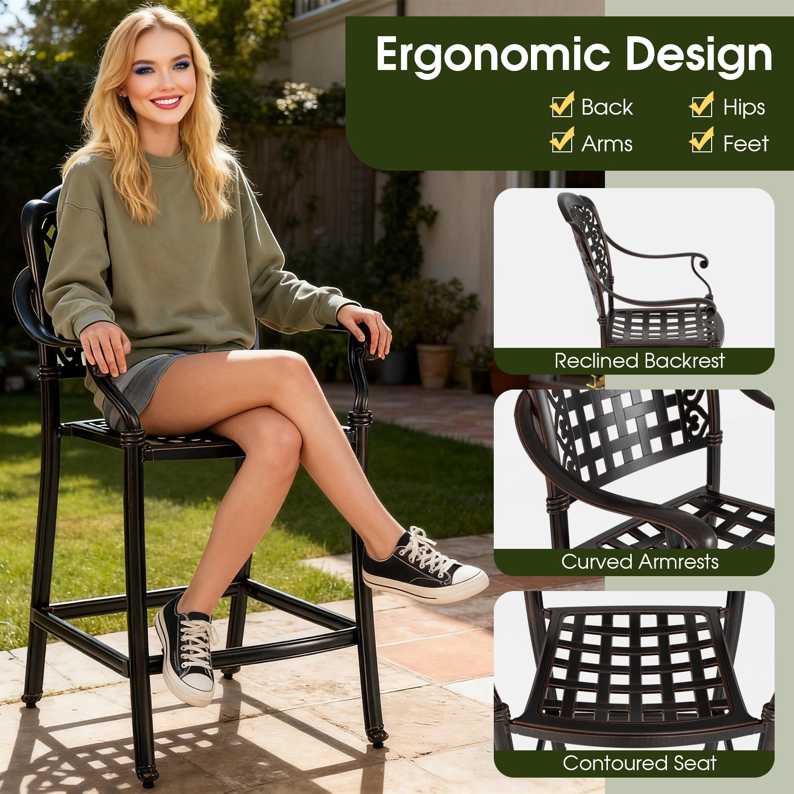Set of 2 Outdoor Bar Stool 25.5 Inch Counter Height Cast Aluminum Bar Chairs-Copper
