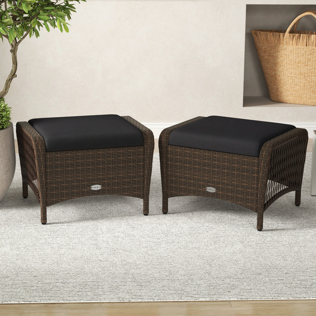 Set of 2 Outdoor Patio PE Wicker Ottomans with Removable Cushions-Black