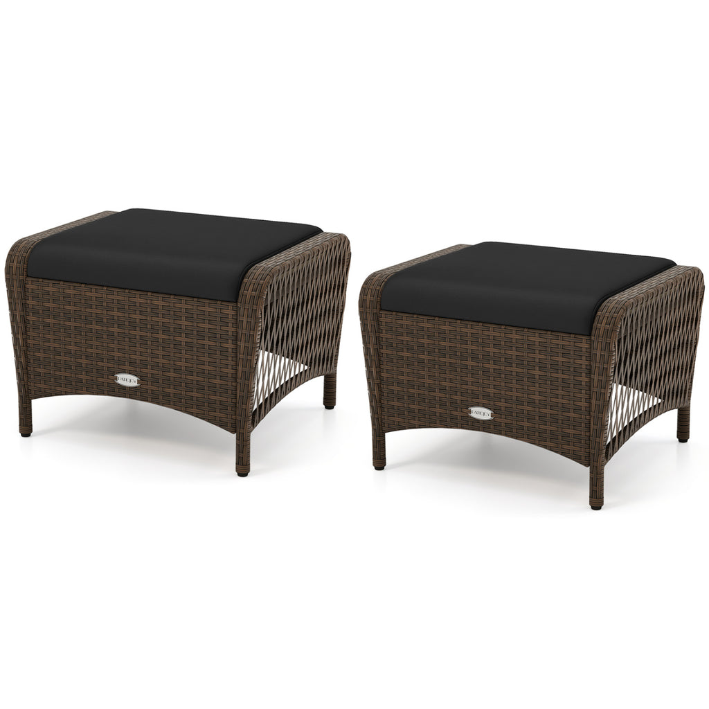 Set of 2 Outdoor Patio PE Wicker Ottomans with Removable Cushions-Black