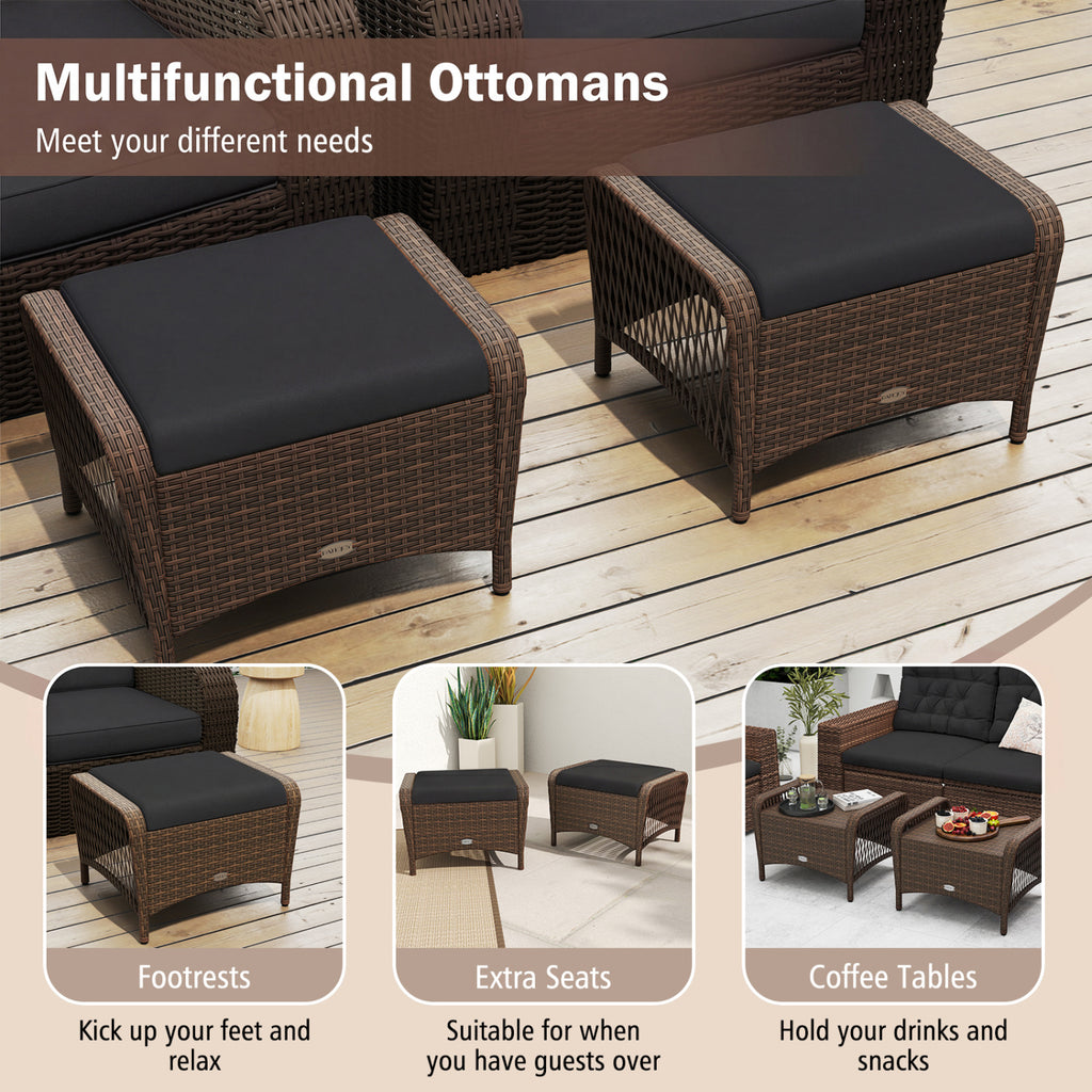 Set of 2 Outdoor Patio PE Wicker Ottomans with Removable Cushions-Black
