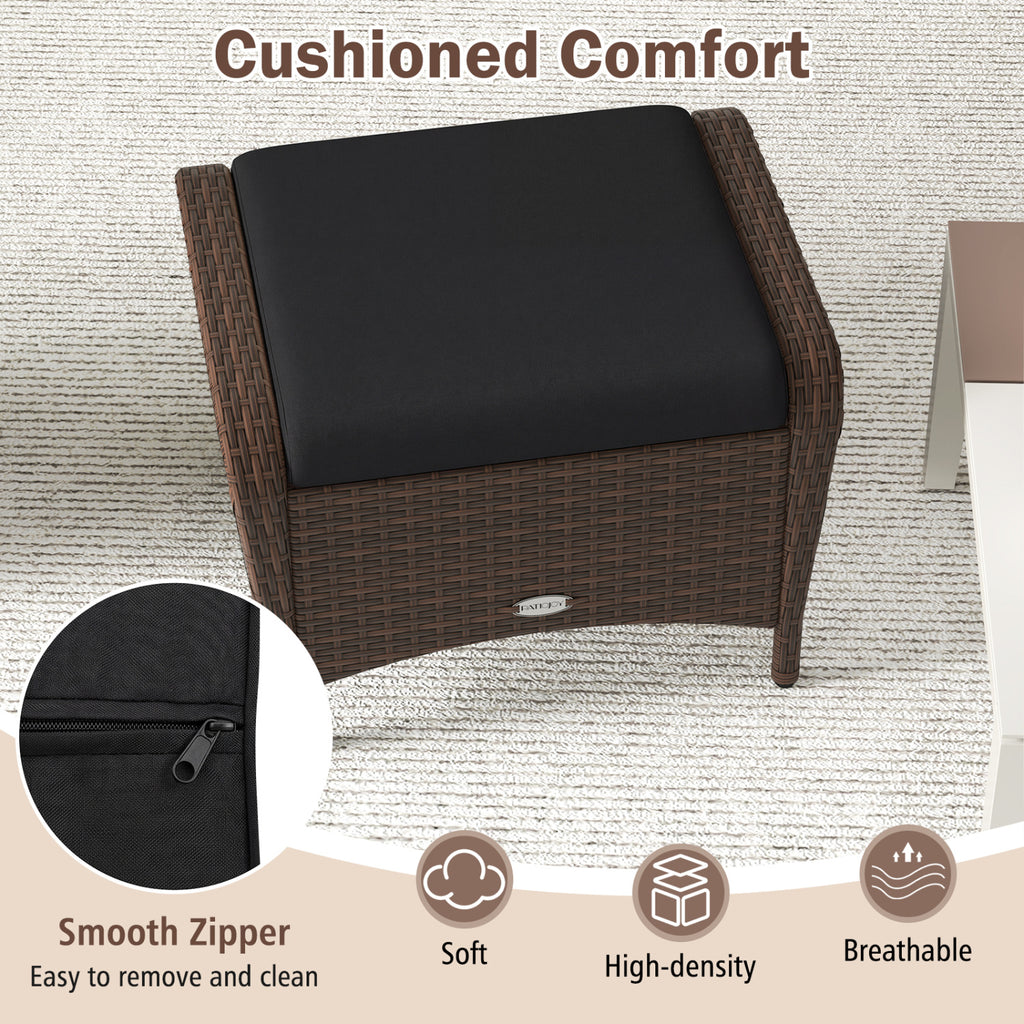 Set of 2 Outdoor Patio PE Wicker Ottomans with Removable Cushions-Black