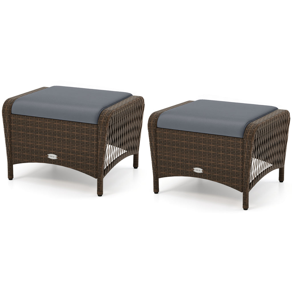 Set of 2 Outdoor Patio PE Wicker Ottomans with Removable Cushions-Grey