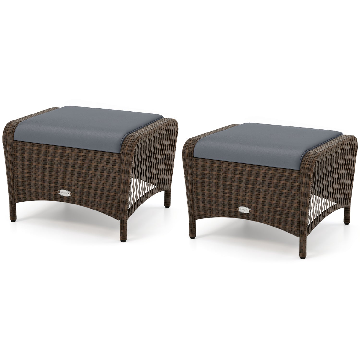 Set of 2 Outdoor Patio PE Wicker Ottomans with Removable Cushions-Grey