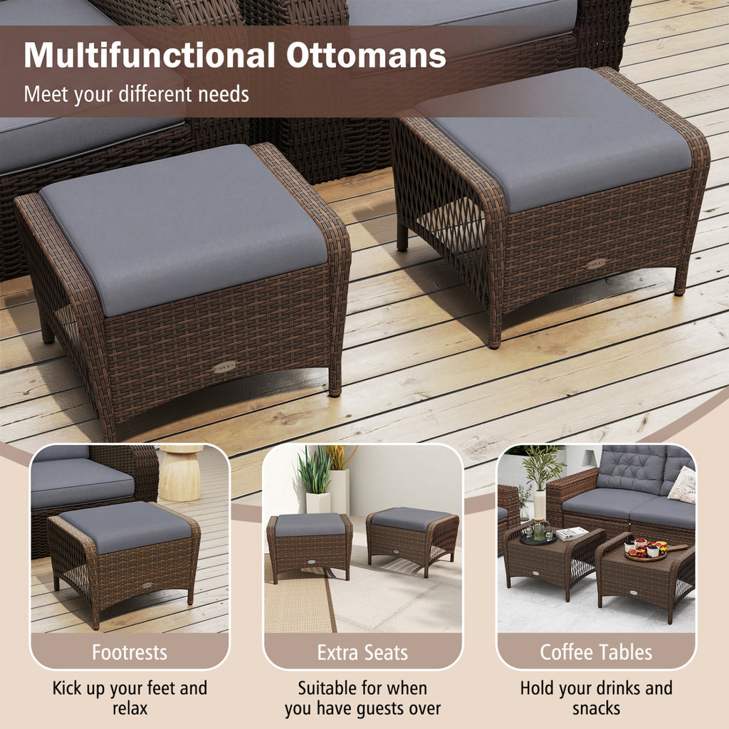 Set of 2 Outdoor Patio PE Wicker Ottomans with Removable Cushions-Grey
