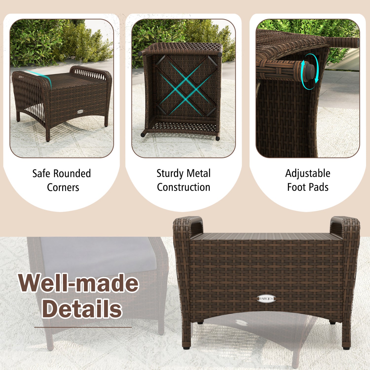 Set of 2 Outdoor Patio PE Wicker Ottomans with Removable Cushions-Grey