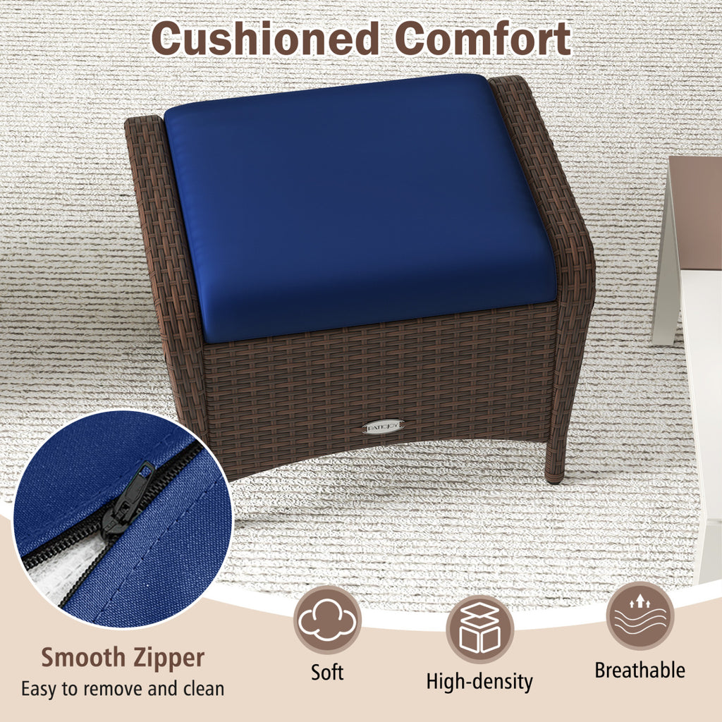 Set of 2 Outdoor Patio PE Wicker Ottomans with Removable Cushions-Navy