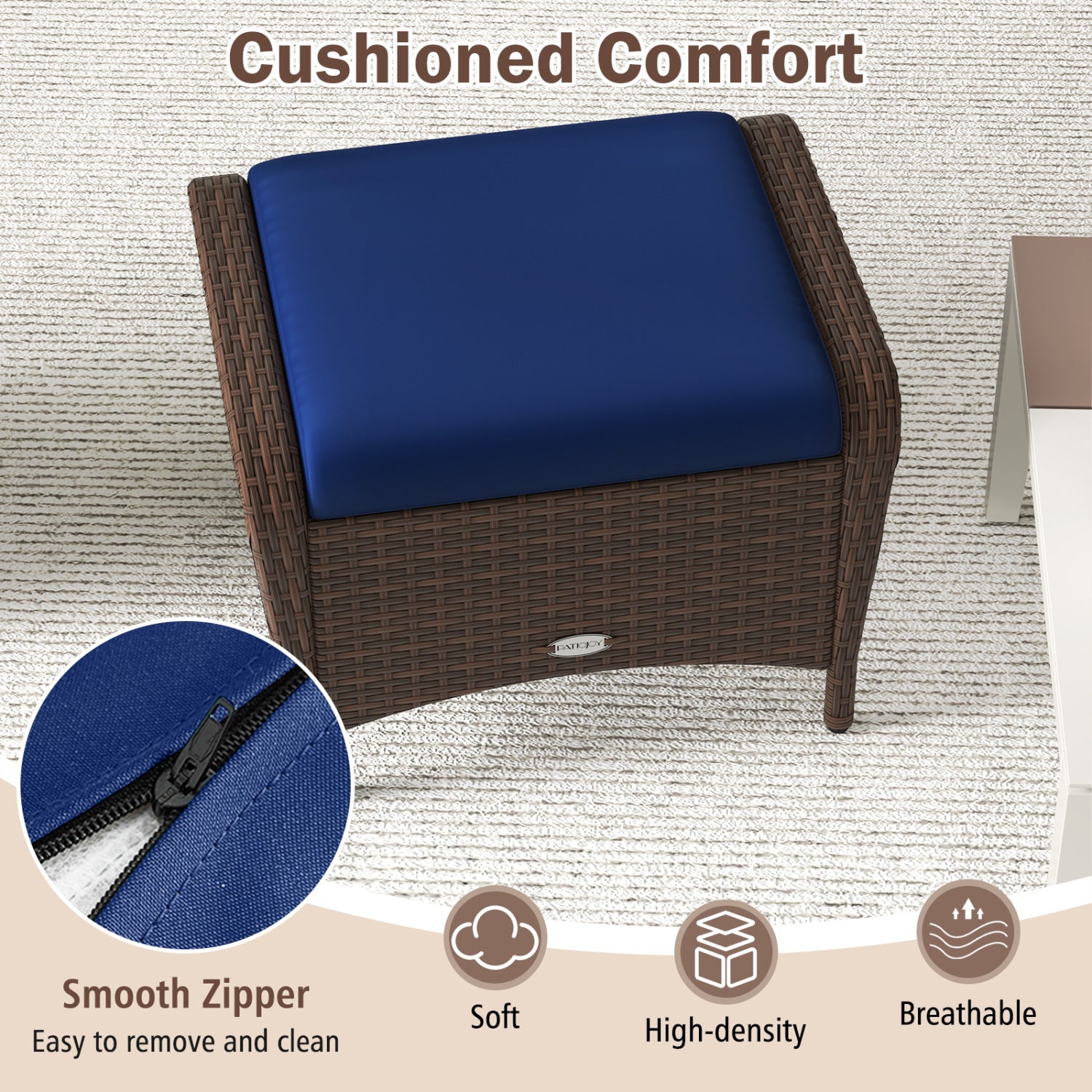 Set of 2 Outdoor Patio PE Wicker Ottomans with Removable Cushions-Navy