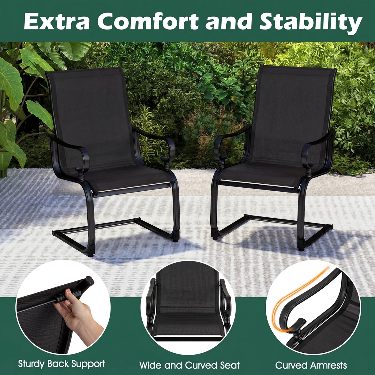 Set of 2 Patio Chairs with Quick-drying and Breathable Fabric for Backyard-Black