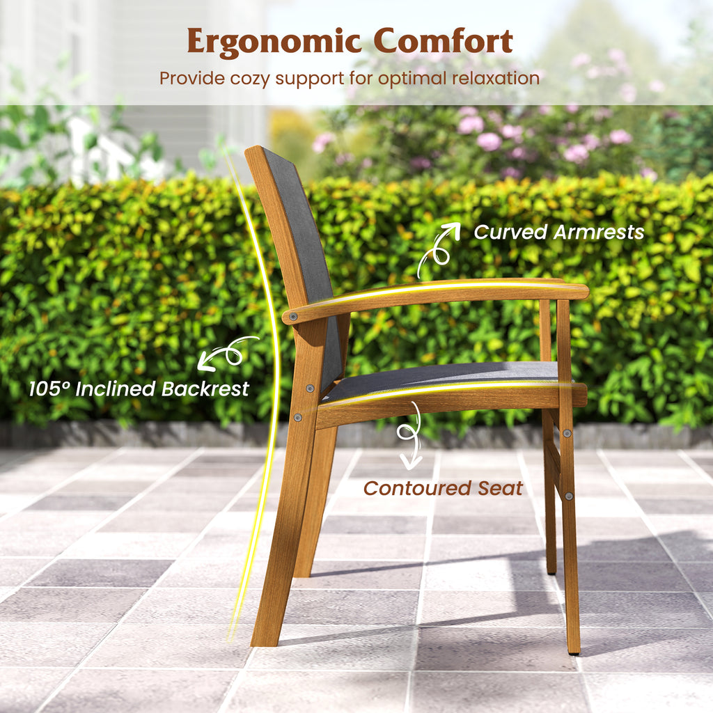 Set of 2 Patio Dining Chairs with Breathable Fabric and Acacia Wood Frame