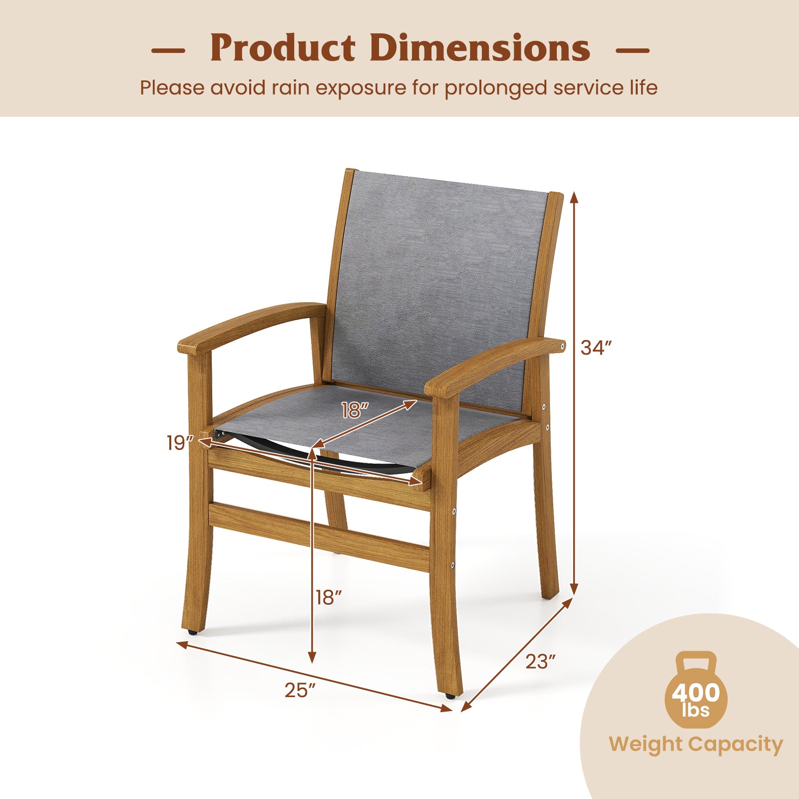 Set of 2 Patio Dining Chairs with Breathable Fabric and Acacia Wood Frame
