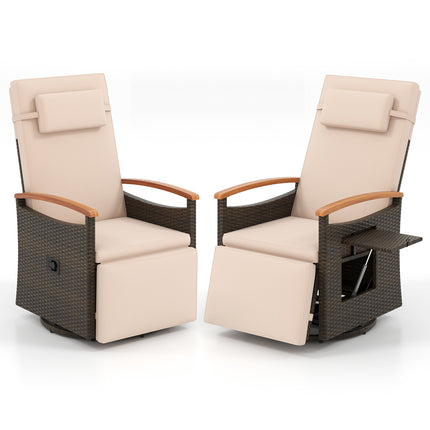Set of 2 Patio Rattan 360Â° Swivel Recliner Chair with Adjustable Backrest and Footrest-Beige