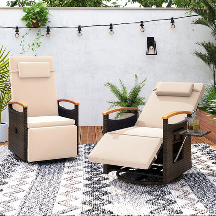 Set of 2 Patio Rattan 360Â° Swivel Recliner Chair with Adjustable Backrest and Footrest-Beige