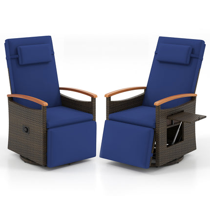 Set of 2 Patio Rattan 360Â° Swivel Recliner Chair with Adjustable Backrest and Footrest-Navy