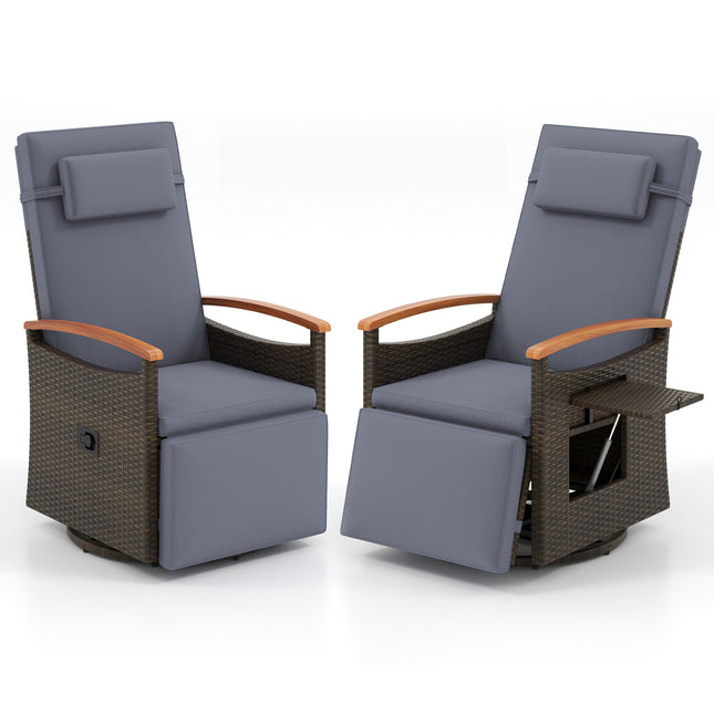 Set of 2 Patio Rattan 360Â° Swivel Recliner Chair with Adjustable Backrest and Footrest-Dark Gray