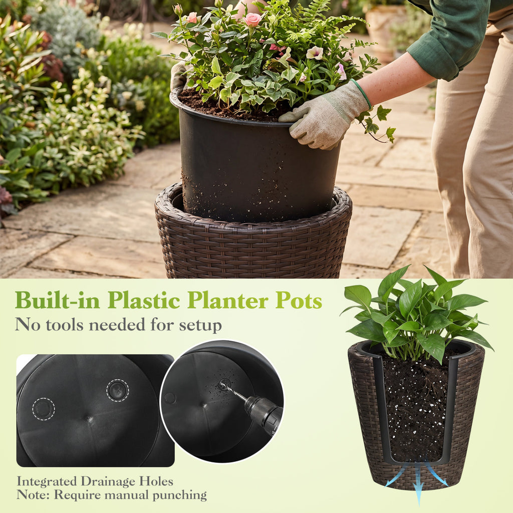 Set of 2 Plastic Taper Rattan Planters with Drainage Holes and Saucers-Brown