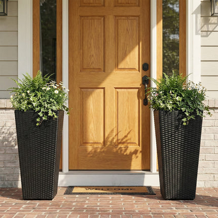 Set of 2 Rattan Tall Plant Pots with Detachable Plastic Liners-Black
