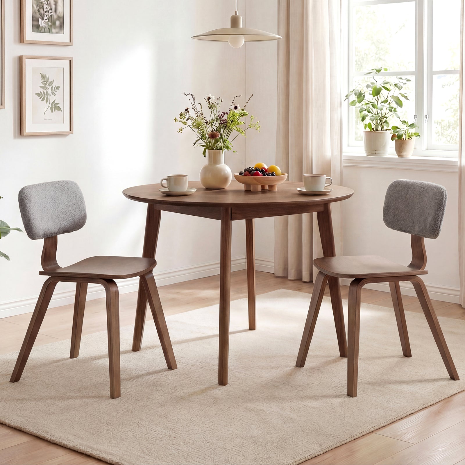 Set of 2 Rubber Wood Dining Room Chairs with Teddy Velvet Padded Backrest-Walnut