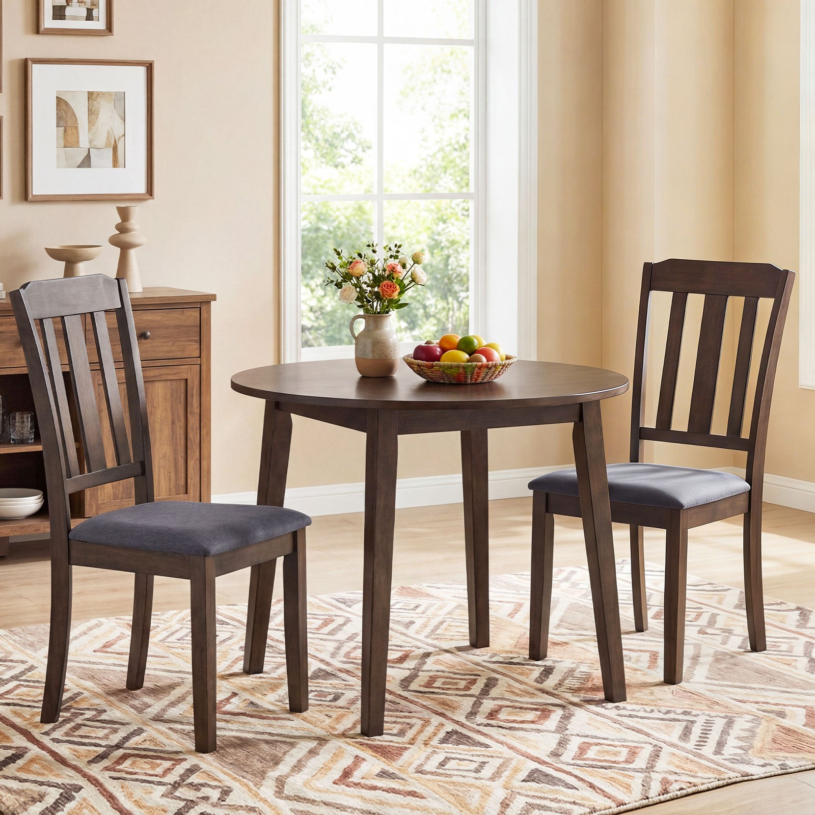 Set of 2 Rubber Wood Dining Room Chairs with Comfortable Backrest-Brown