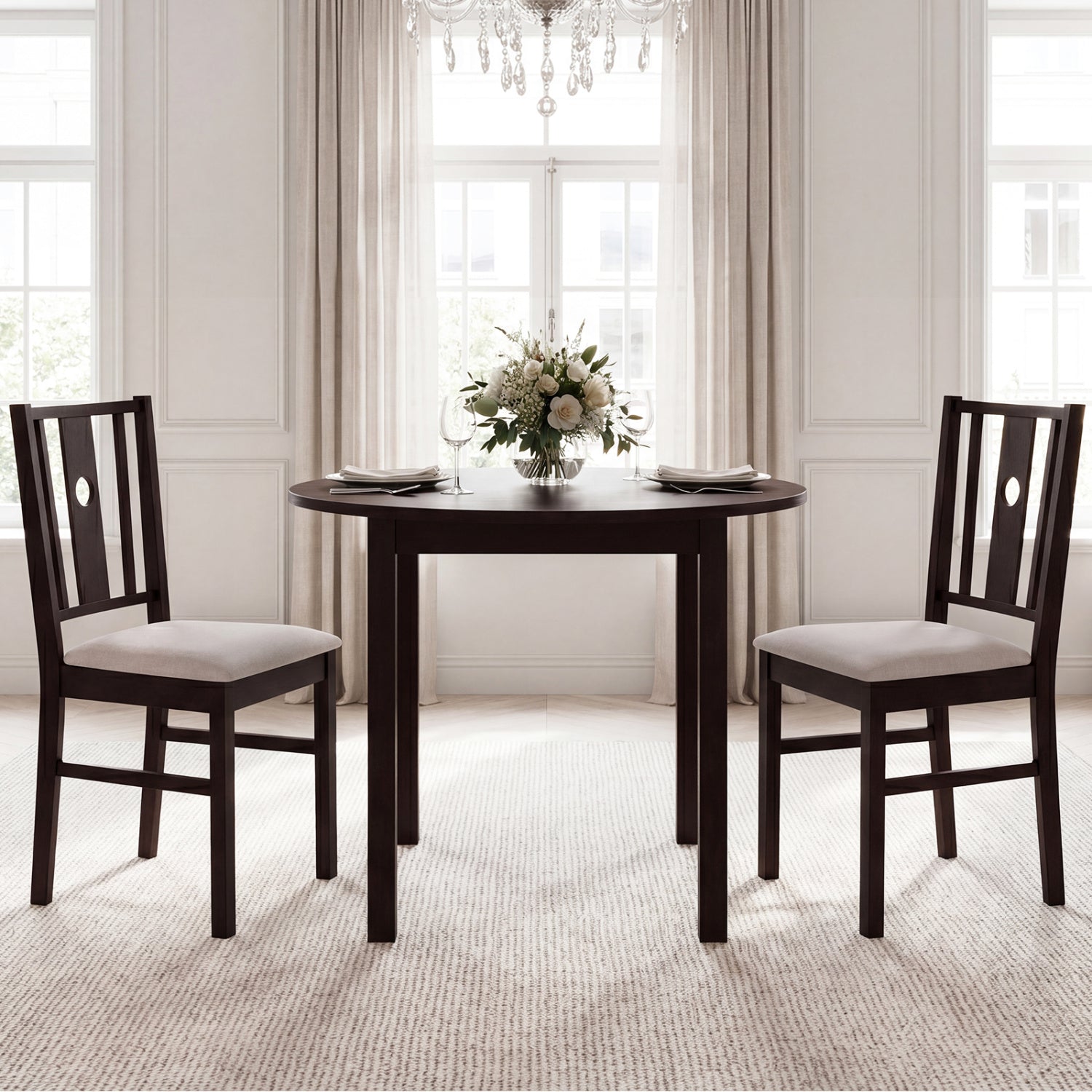 Set of 2 Rubber Wood Kitchen Chairs with Fabric Padded Seat -Coffee