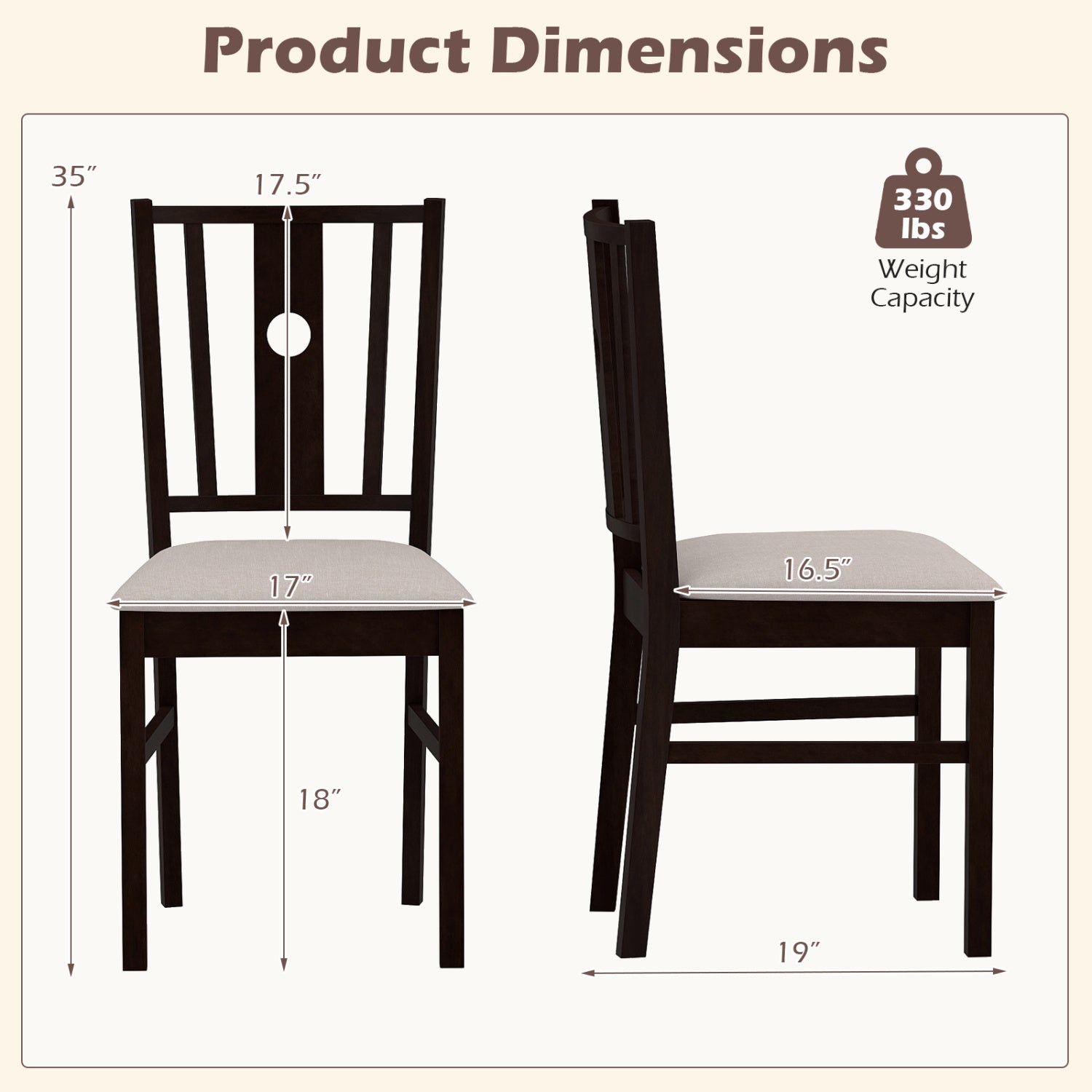 Set of 2 Rubber Wood Kitchen Chairs with Fabric Padded Seat -Coffee