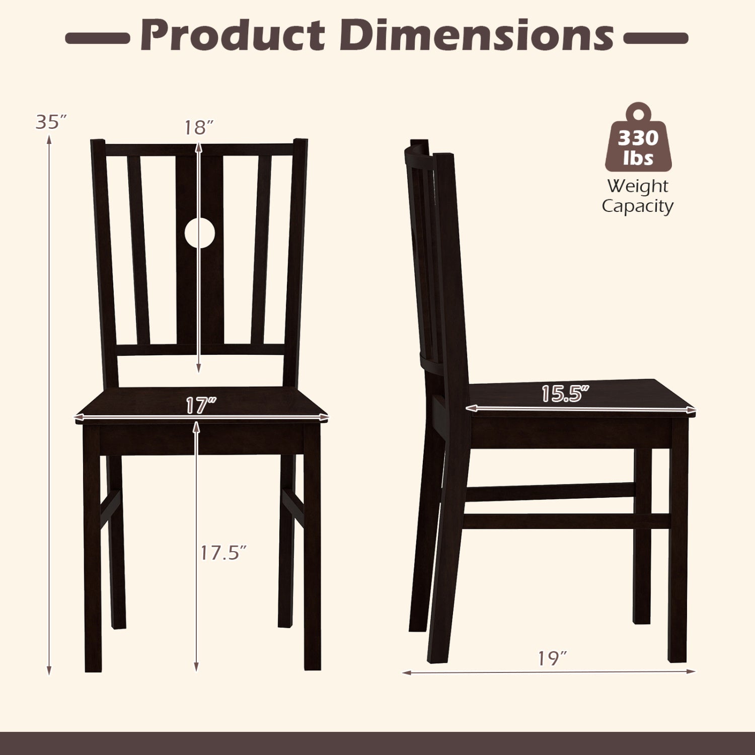 Set of 2 Solid Rubber Wood Kitchen Chairs with Slatted Curved Backrest-Coffee