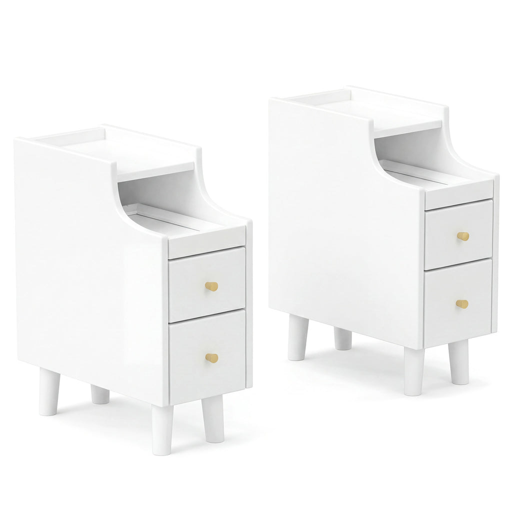 Set of 2 Solid Wood Night Side Table with Pull-out Tray and 2 Storage Drawers-White