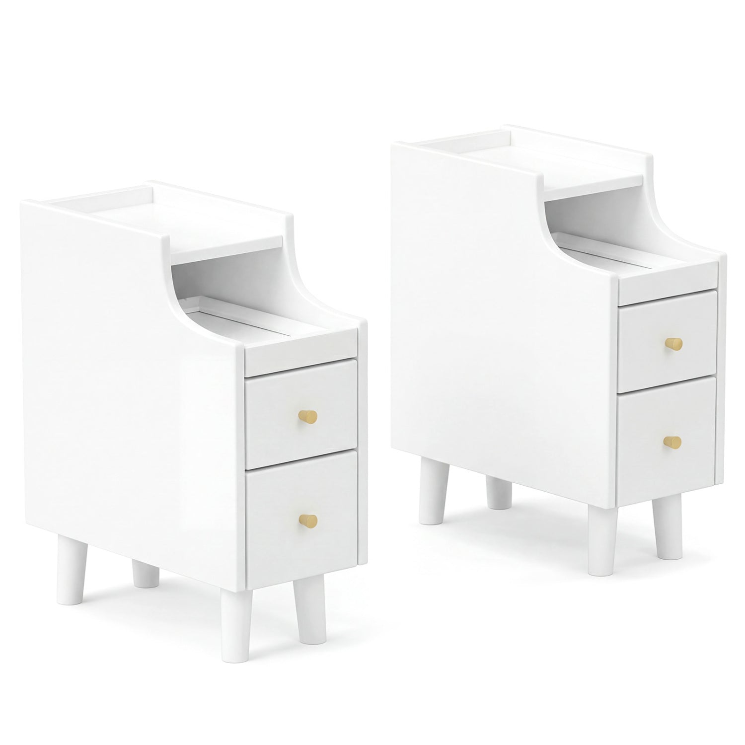 Set of 2 Solid Wood Night Side Table with Pull-out Tray and 2 Storage Drawers-White