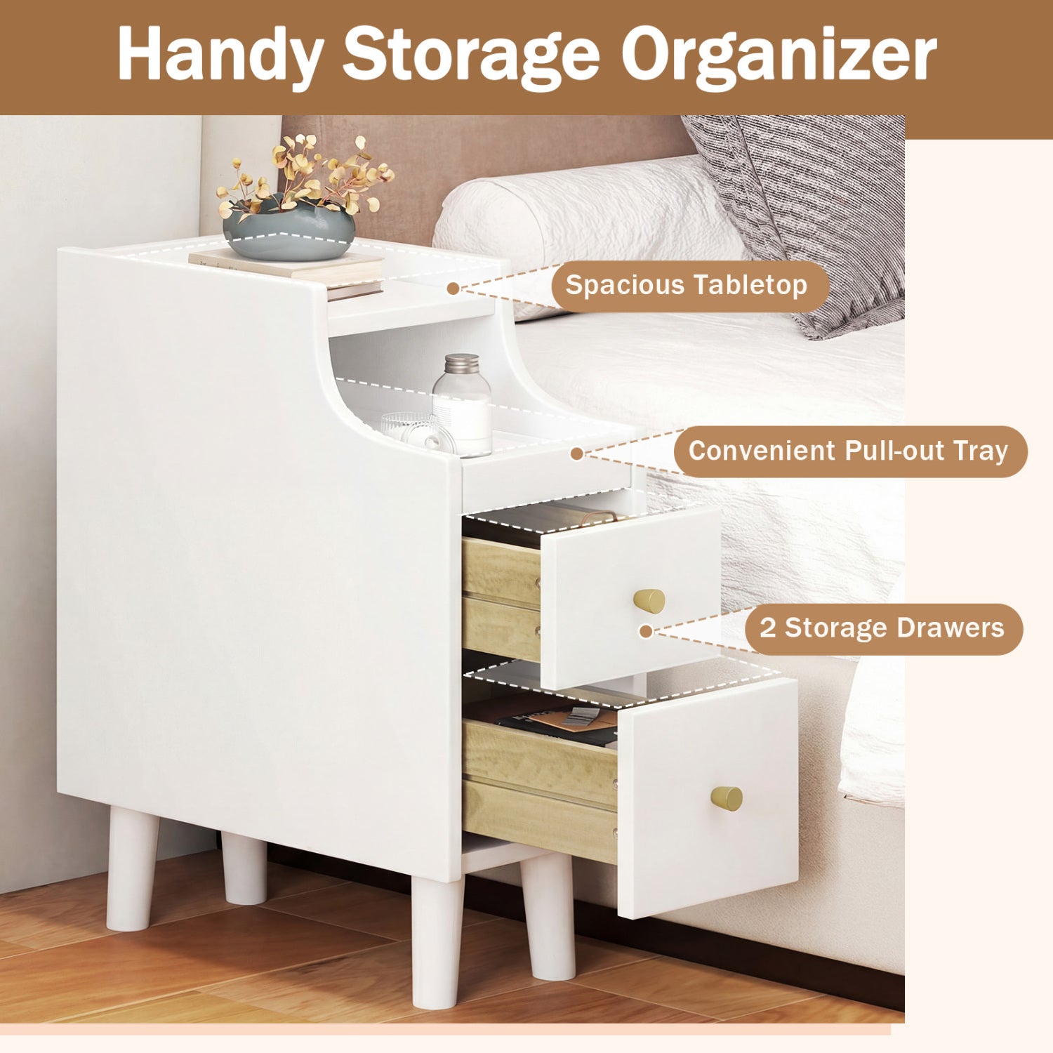 Set of 2 Solid Wood Night Side Table with Pull-out Tray and 2 Storage Drawers-White