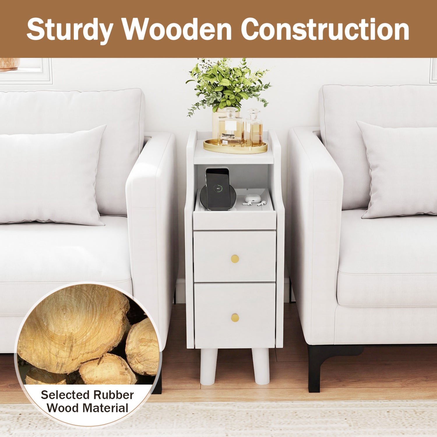 Set of 2 Solid Wood Night Side Table with Pull-out Tray and 2 Storage Drawers-White