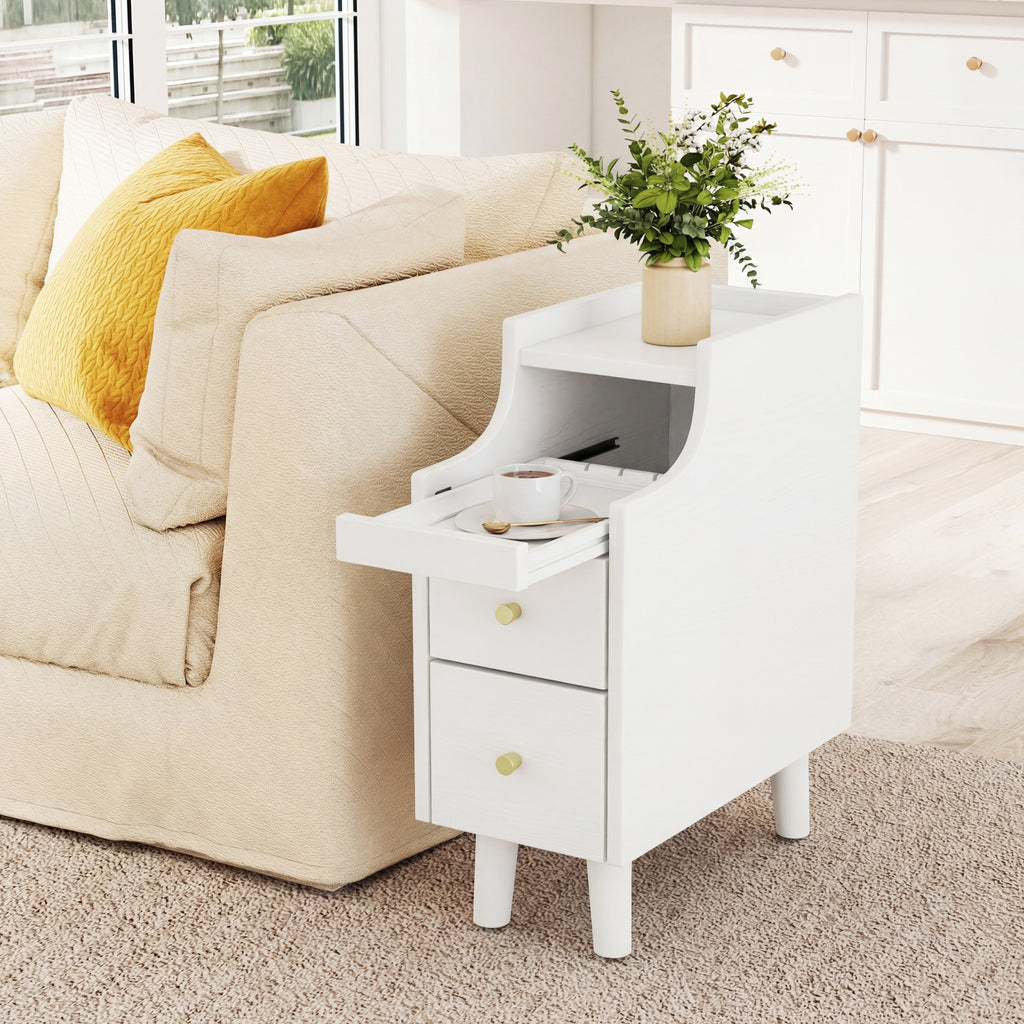 Set of 2 Solid Wood Night Side Table with Pull-out Tray and 2 Storage Drawers-White
