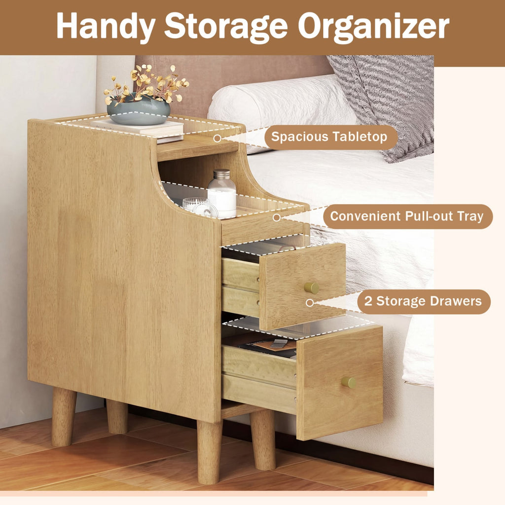 Set of 2 Solid Wood Night Side Table with Pull-out Tray and 2 Storage Drawers-Natural