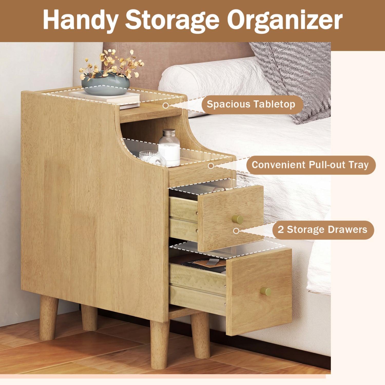 Set of 2 Solid Wood Night Side Table with Pull-out Tray and 2 Storage Drawers-Natural