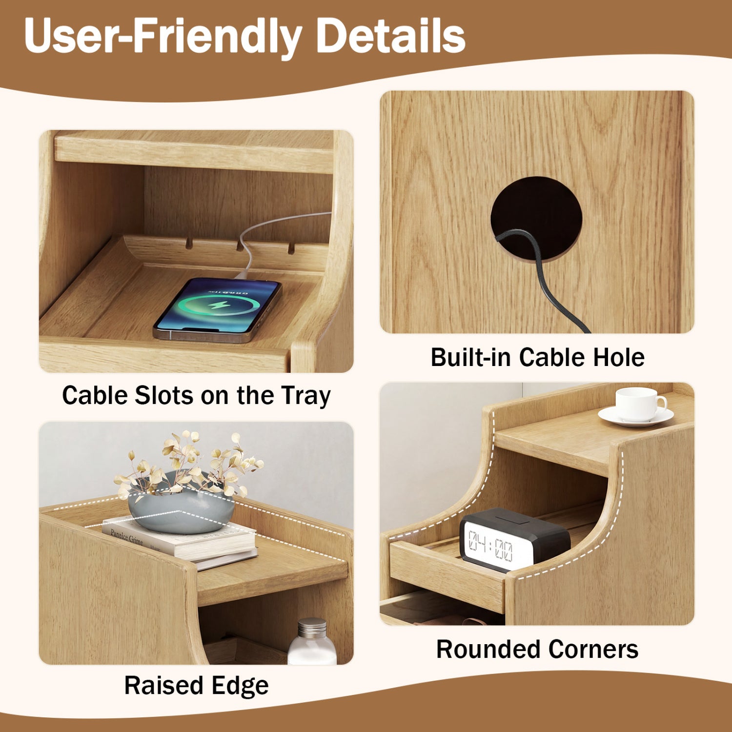 Set of 2 Solid Wood Night Side Table with Pull-out Tray and 2 Storage Drawers-Natural