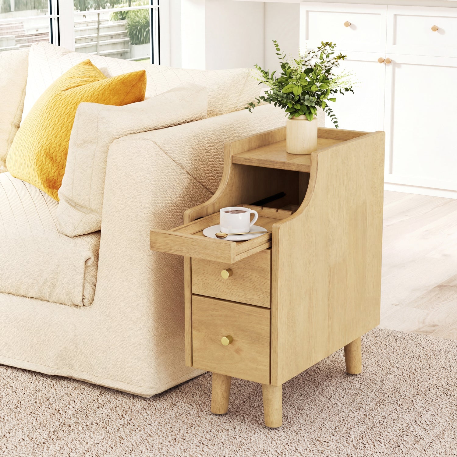 Set of 2 Solid Wood Night Side Table with Pull-out Tray and 2 Storage Drawers-Natural
