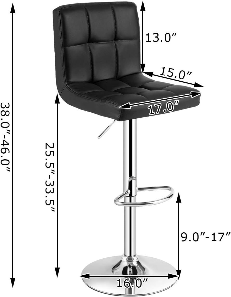 Set of 2 Square Swivel Adjustable PU Leather Bar Stools with Back and Footrest-Black