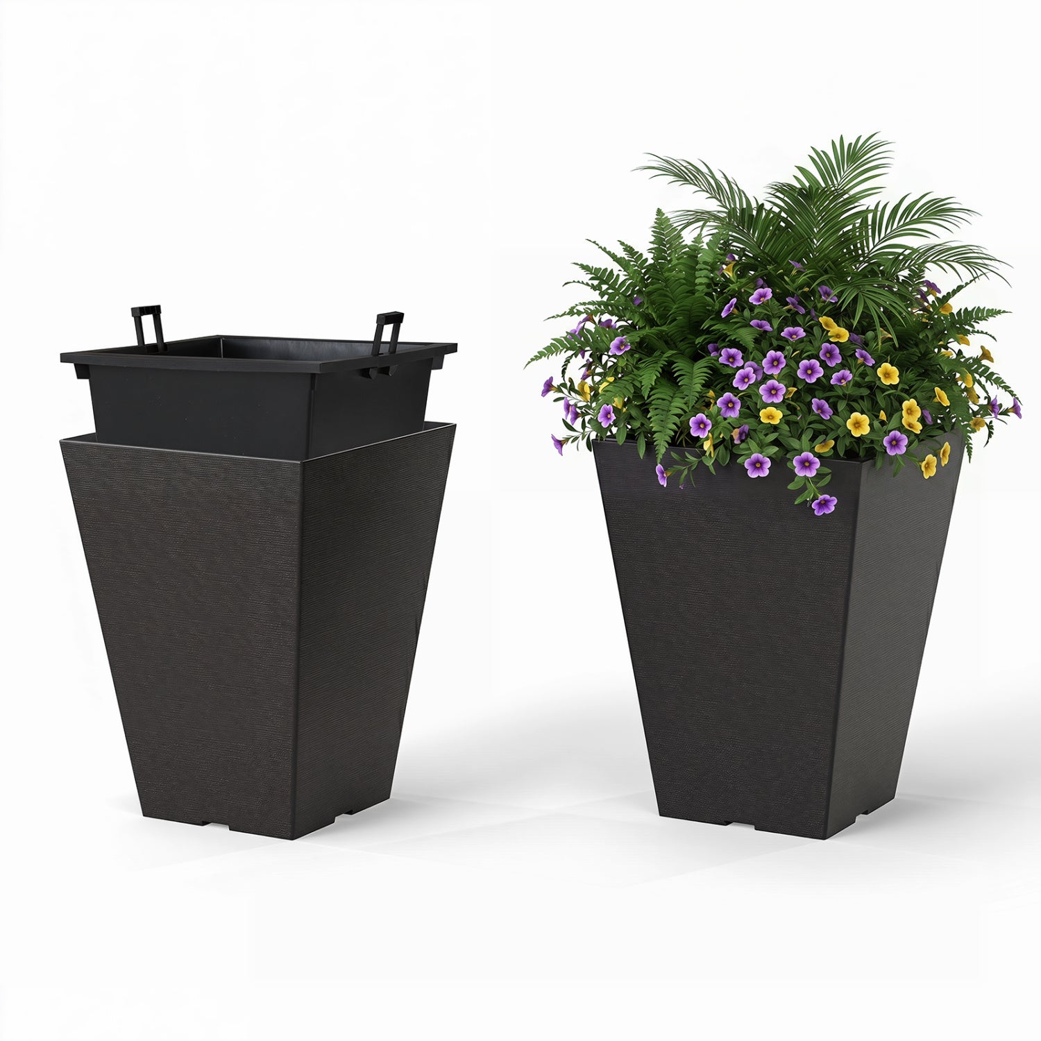 Set of 2 Square Taper Planter with Optional Drainage Hole and Removable Inner Bucket-Black