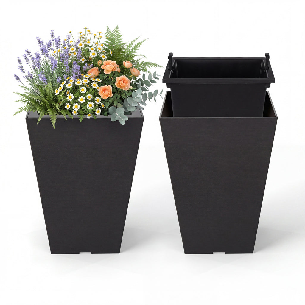 Set of 2 Square Taper Planter with Optional Drainage Hole and Removable Inner Bucket-Black