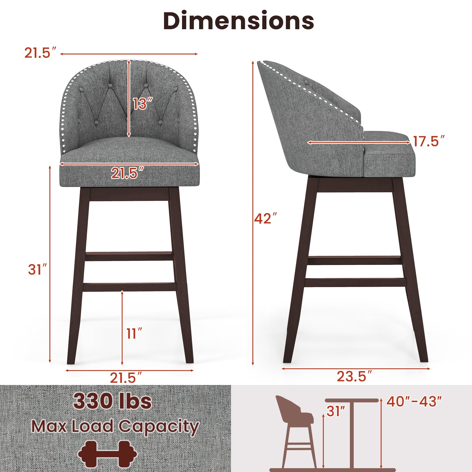 Set of 2 Swivel Bar Stools with Rubber Wood Legs and Padded Back-Gray