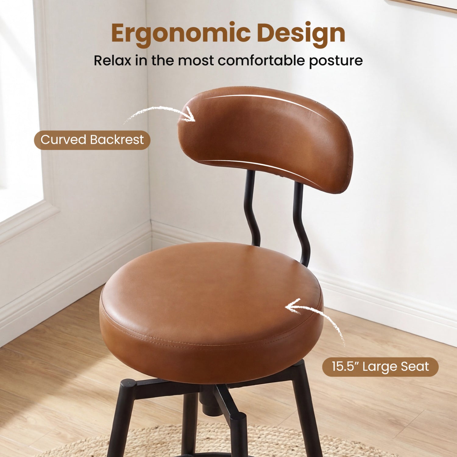 Set of 2 Swivel Barstools Faux Leather with Upholstered Seat and Back-Brown